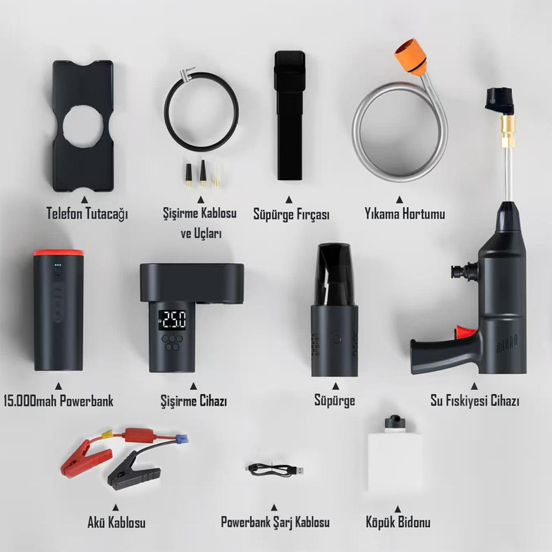 i-TİNG 5-in-1 Akıllı Araç Seti | Süpürge + Yıkama + Lastik Kompresör + Akü Takviye + Powerbank										