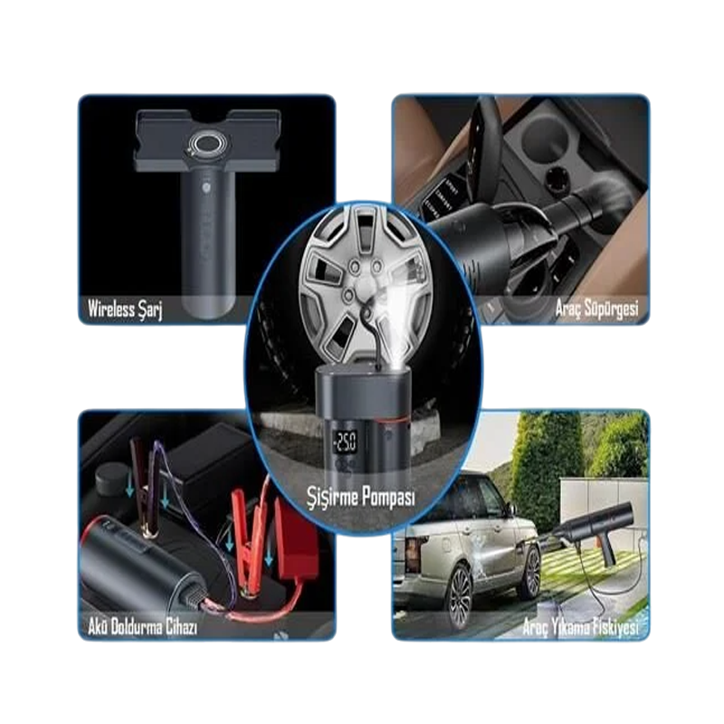 i-TİNG 5-in-1 Akıllı Araç Seti | Süpürge + Yıkama + Lastik Kompresör + Akü Takviye + Powerbank										