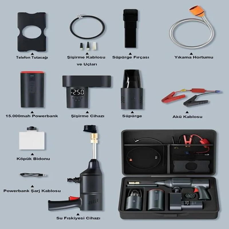i-TİNG 5-in-1 Akıllı Araç Seti | Süpürge + Yıkama + Lastik Kompresör + Akü Takviye + Powerbank										