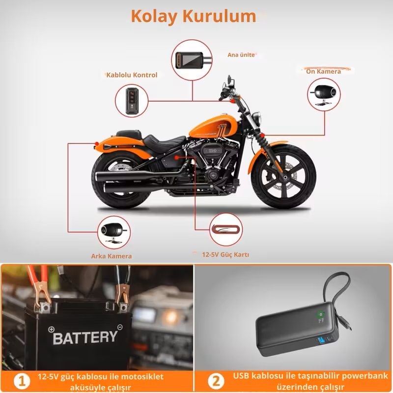 Su Geçirmez Çift Motosiklet Kamerası – 1080P Ön & Arka, 155° Geniş Açı, WiFi & GPS Destekli
