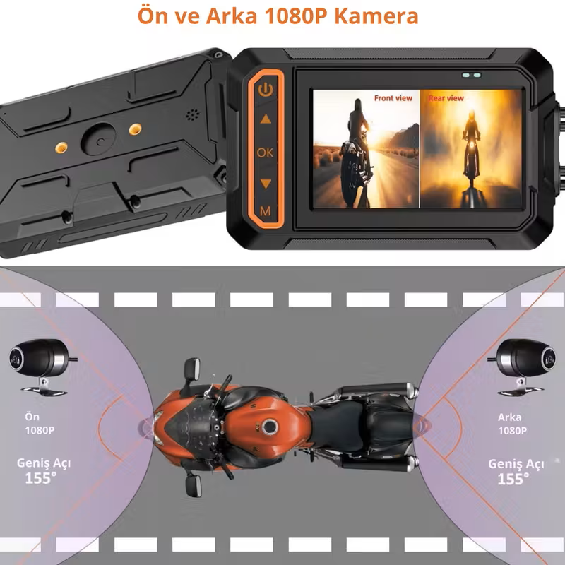 Su Geçirmez Çift Motosiklet Kamerası – 1080P Ön & Arka, 155° Geniş Açı, WiFi & GPS Destekli