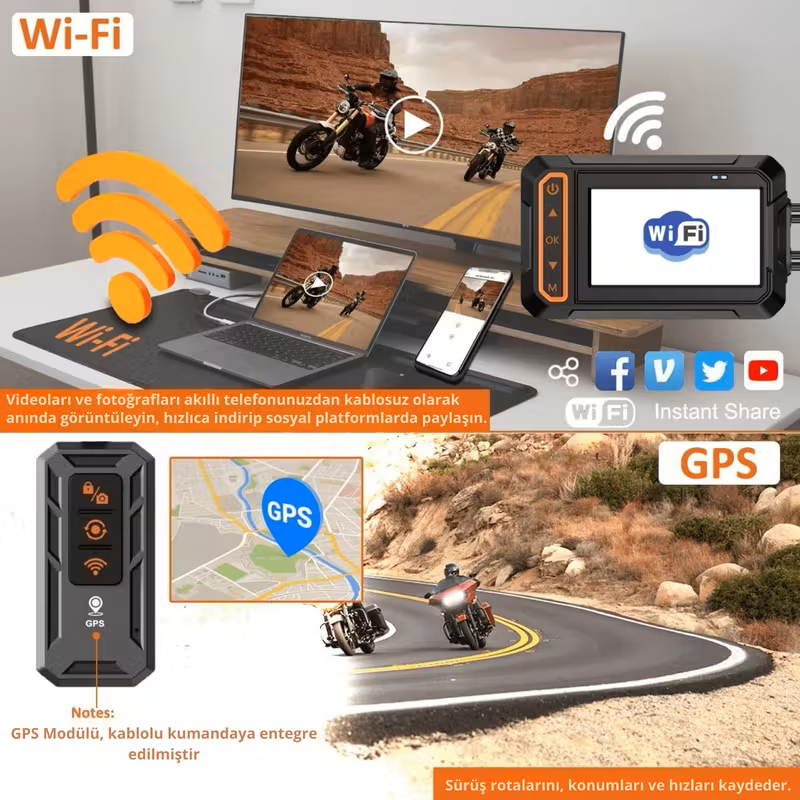 Su Geçirmez Çift Motosiklet Kamerası – 1080P Ön & Arka, 155° Geniş Açı, WiFi & GPS Destekli